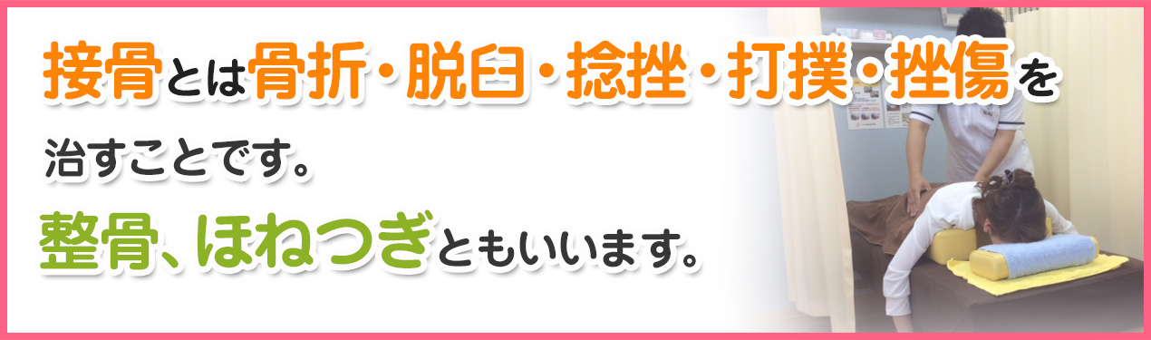 接骨とは骨折・脱臼・捻挫・打撲・挫傷を治すことです。